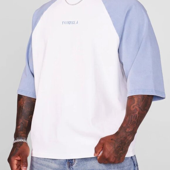 YoungLA 4139 - Oversized Baseball Tees (X-Large/White and Light Blue) - Picture 2 of 4